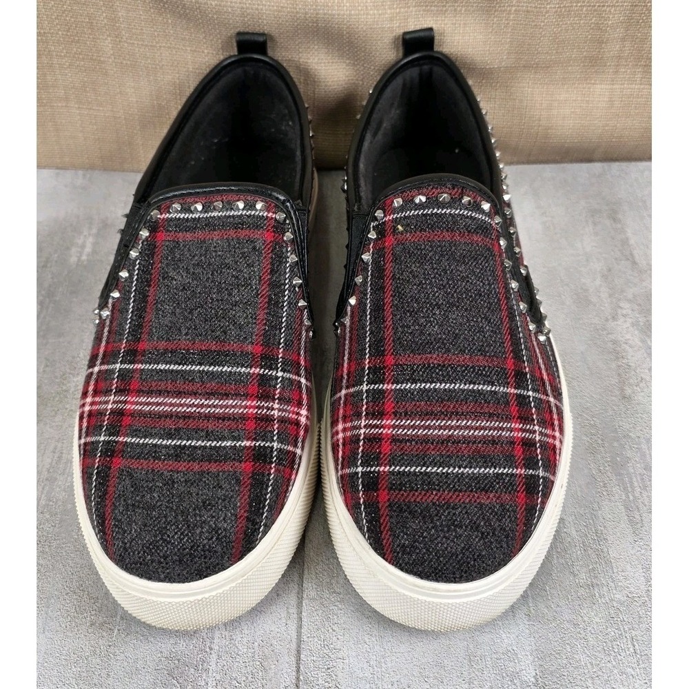 Aldo Red Black Gray Plaid Silver Studded Slip On Shoes Women's Size 9 Christmas